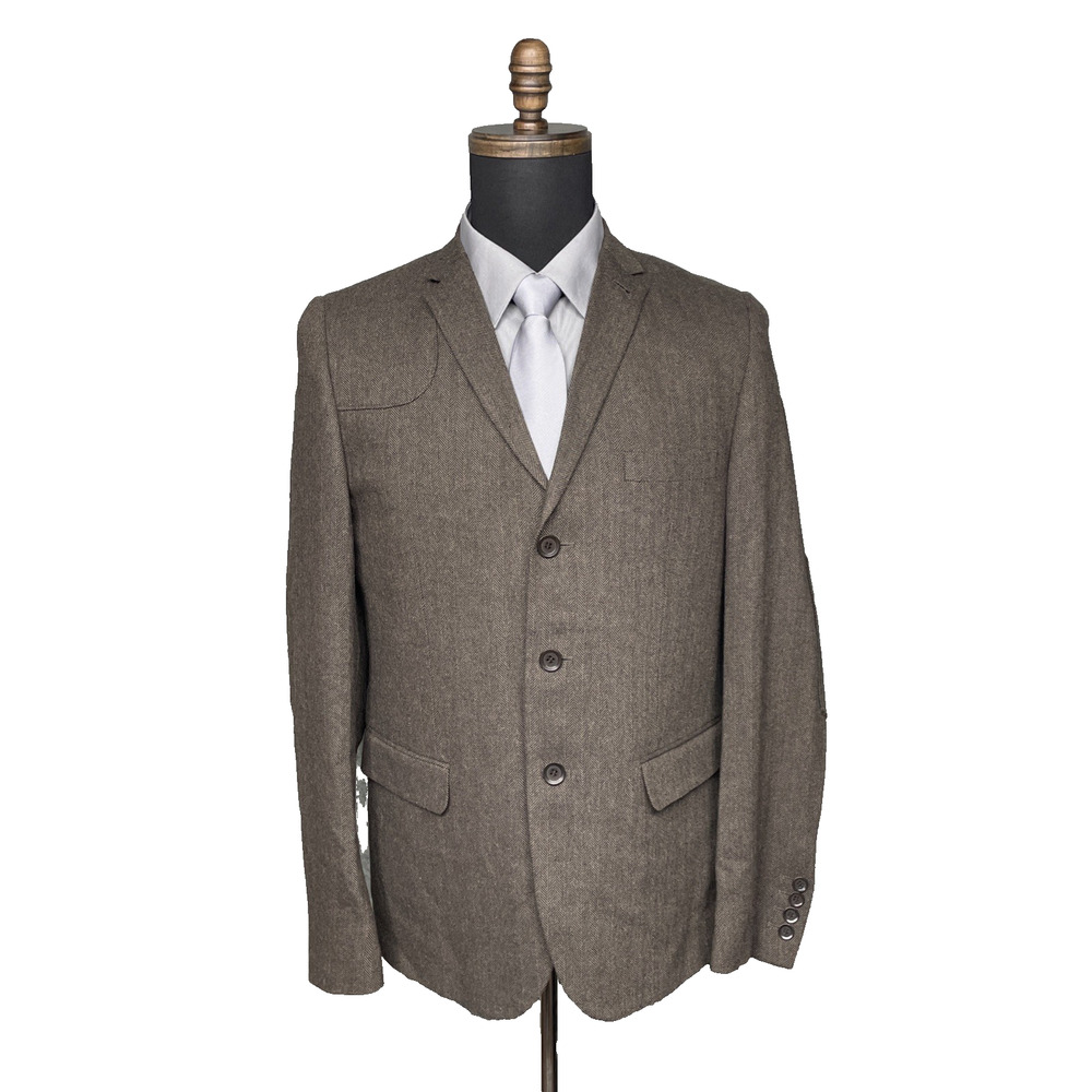 Ben Sherman Plectrum Wool Blend Herringbone Blazer Mens Medium Brown 3 Button